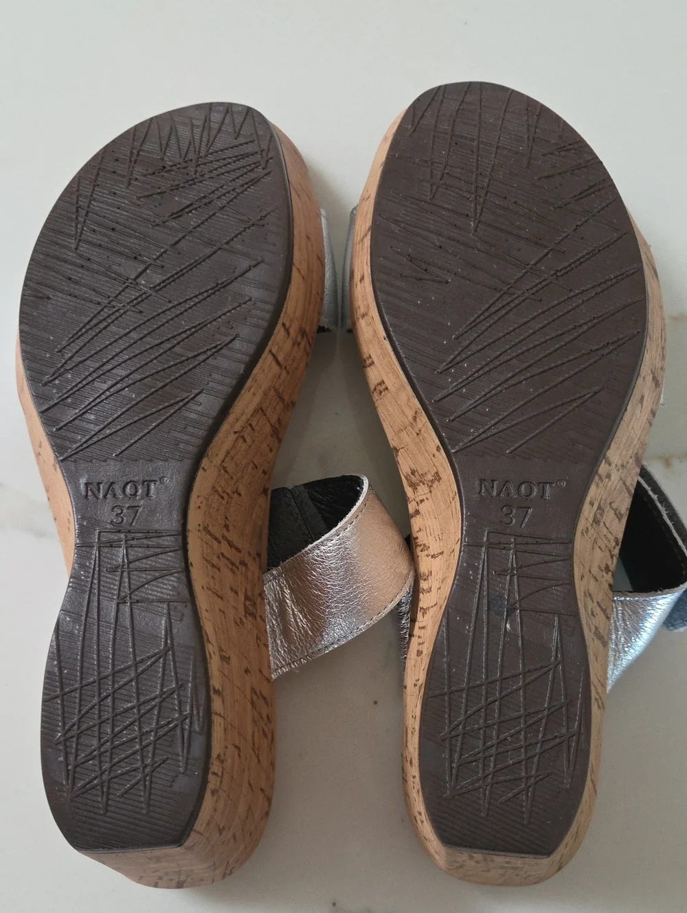 NAOT Leather Silver Cork Wedge Sandals with Double Straps, Size 6 Worn Once!